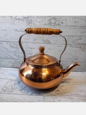 Vintage Copper Tea Pot with Wooden Handle, Decorative Teapot, Kettle, Planter, R